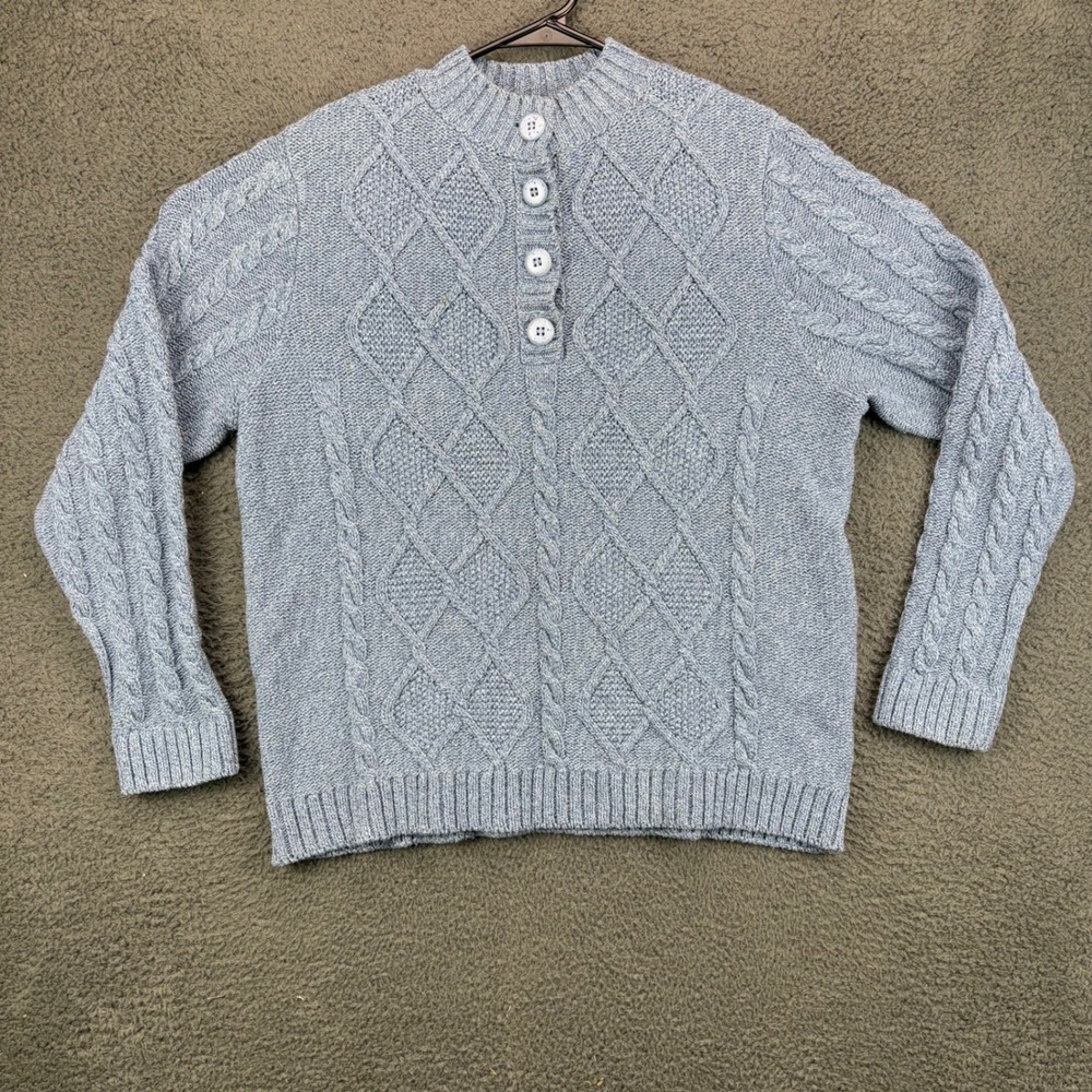Appleseeds Womens Sweater Size L Blue‎ Cable Knit Button Neck Pullover